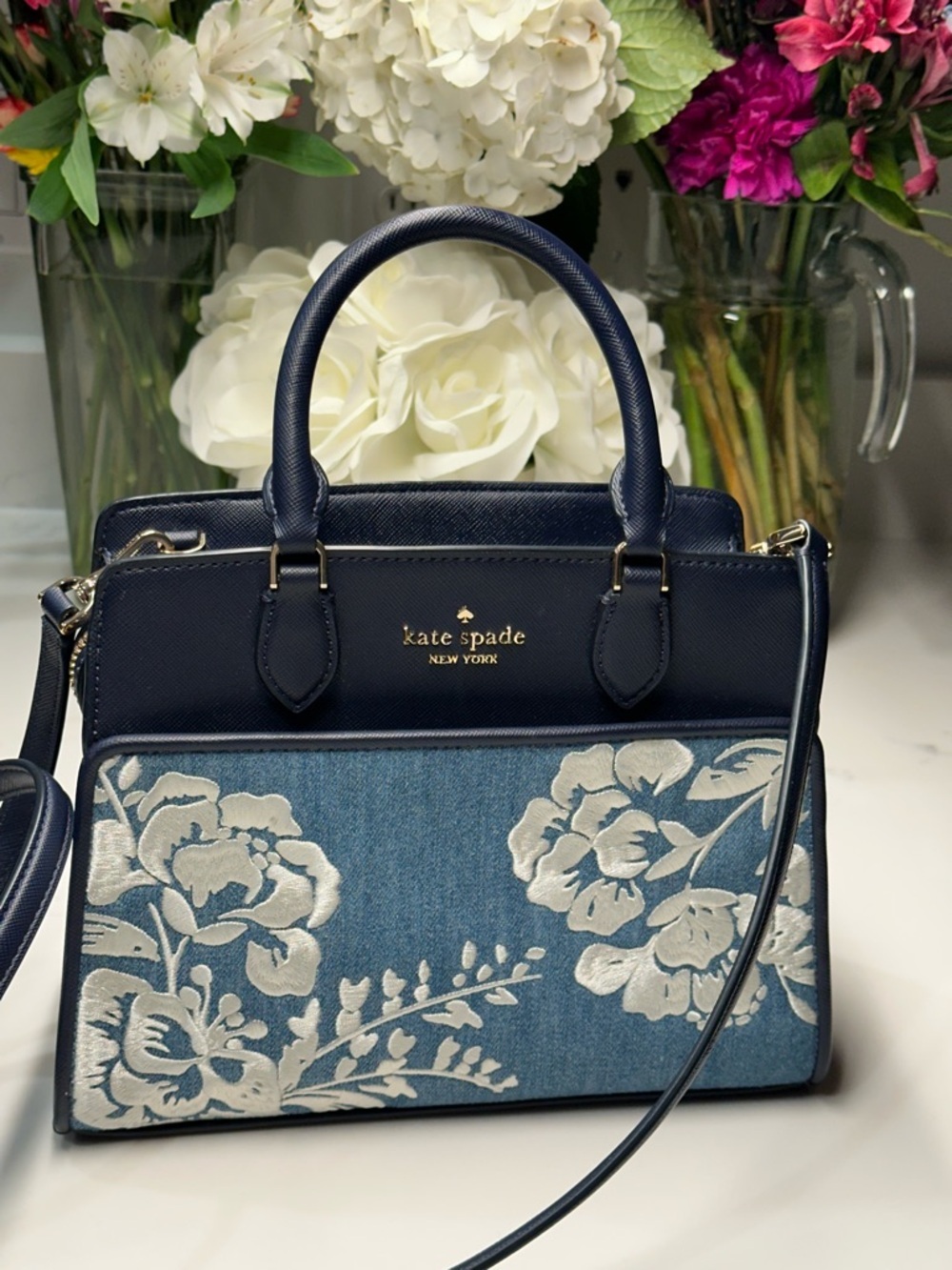 Kate Spade Madison Navy Blue Denim Floral Vase Embroidered Tote Crossbody Bag